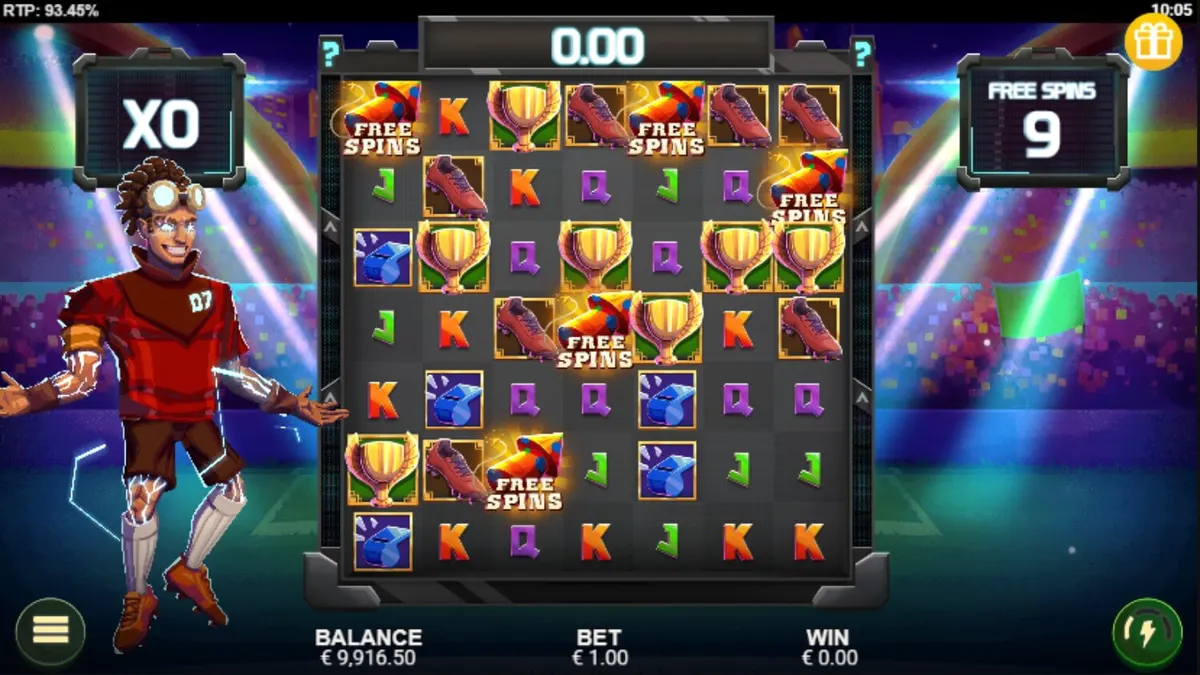 Tampilan visual grid 7x7 dalam permainan slot Cluster Cup dengan nuansa stadion sepak bola yang meriah.