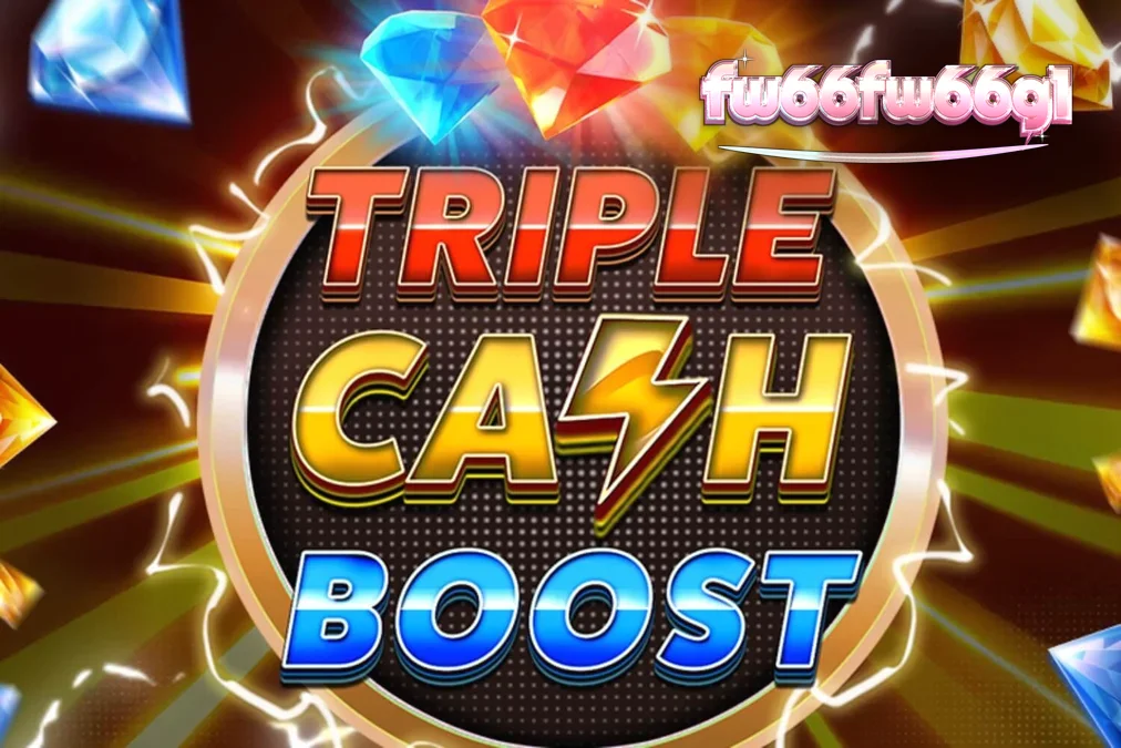 Tampilan visual slot Triple Cash Boost dengan elemen neon dan simbol buah futuristik